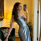 Gray-blue strapless fitted satin long ball gown R8574
