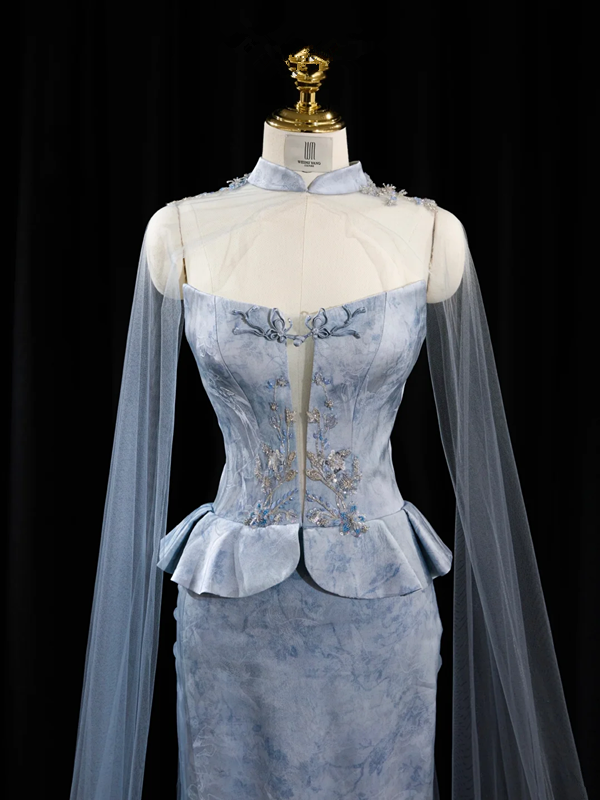 Light blue strapless fitted long ball gown R8938