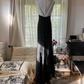 Black and white color-blocked fitted waist slim sexy backless long ball gown R7746
