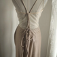 Champagne-colored halter-neck fishtail top, fitted long ball gown R6752