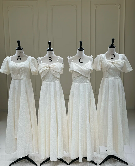 White ruched waist-cinched figure-flattering ball gown, bridesmaid dress R5953