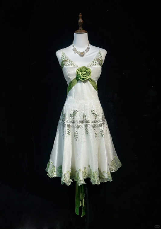 White halter neckline green diamond waist lace skirt mid-length dress homecoming dress R4899