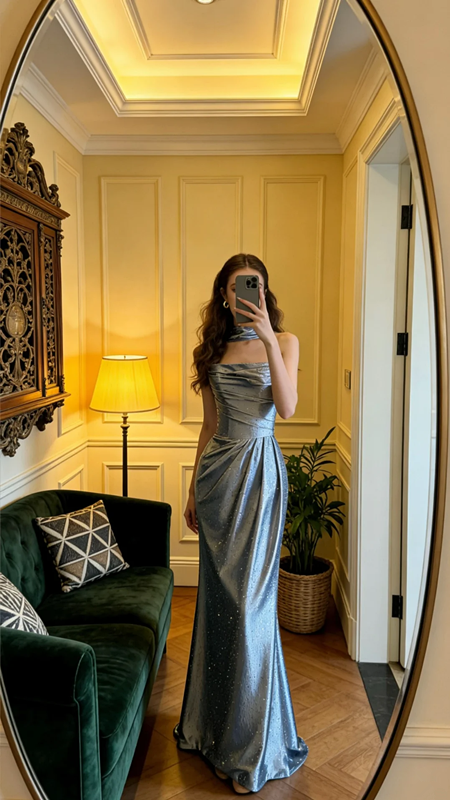 Gray-blue strapless fitted satin long ball gown R8574