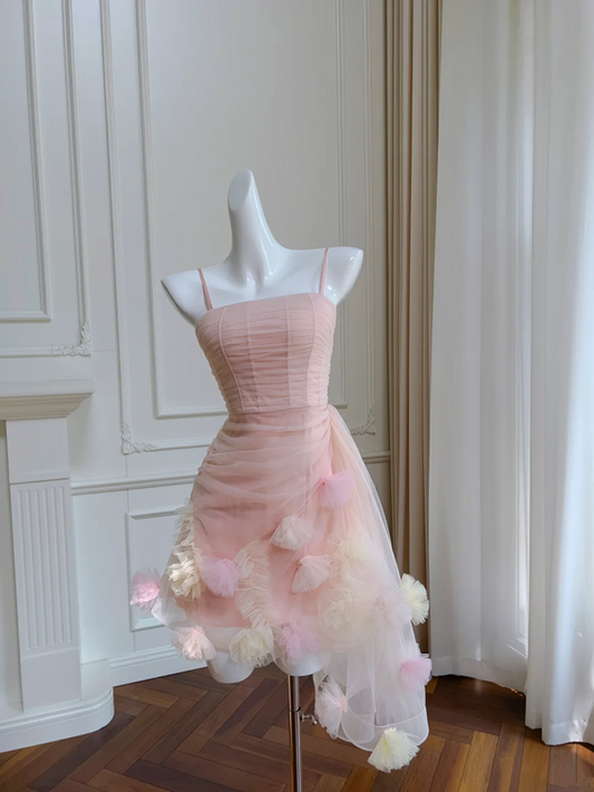 Pink suspender waist slim irregular skirt short skirt homecoming dress R5201