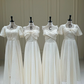 White ruched waist-cinched figure-flattering ball gown, bridesmaid dress R5953