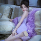 Purple one-shoulder halter-neck fitted waist pleated slit ball gown R7071