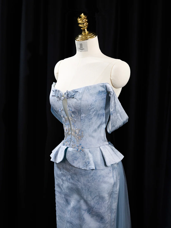 Light blue strapless fitted long ball gown R8938