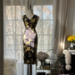 Black halter top with gold floral print, fitted waist, classic and elegant long ball gown R7707