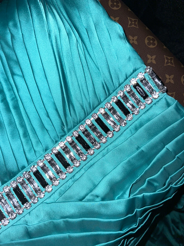 Lake blue, off-shoulder, pleated, fitted, elegant long ball gown R6911