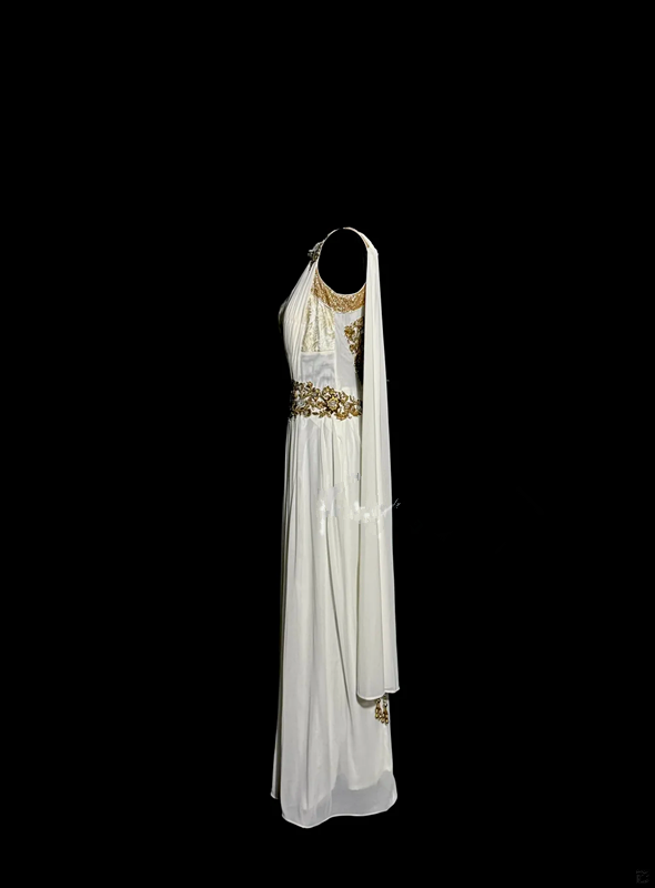 White sleeveless fitted waist embroidered long ball gown R6672