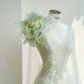 Light green one-shoulder three-dimensional flower waist slim long skirt, prom dress R5677