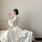 Pearl white square-neck waist-cinched slim-fit elegant vintage long prom gown, wedding dress R8017