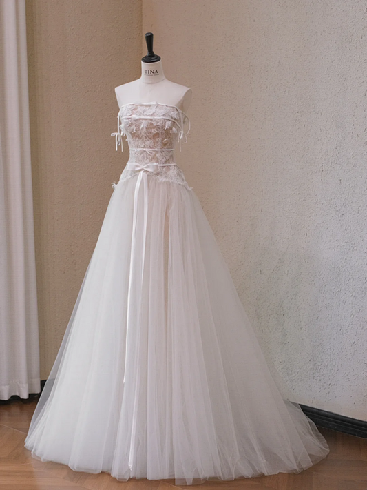 White Strapless Lace Waist Slim A-Line Long Dress Bridal Gown R5718