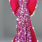 Red floral print strapless fitted long ball gown R6472