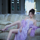 Purple one-shoulder halter-neck fitted waist pleated slit ball gown R7071