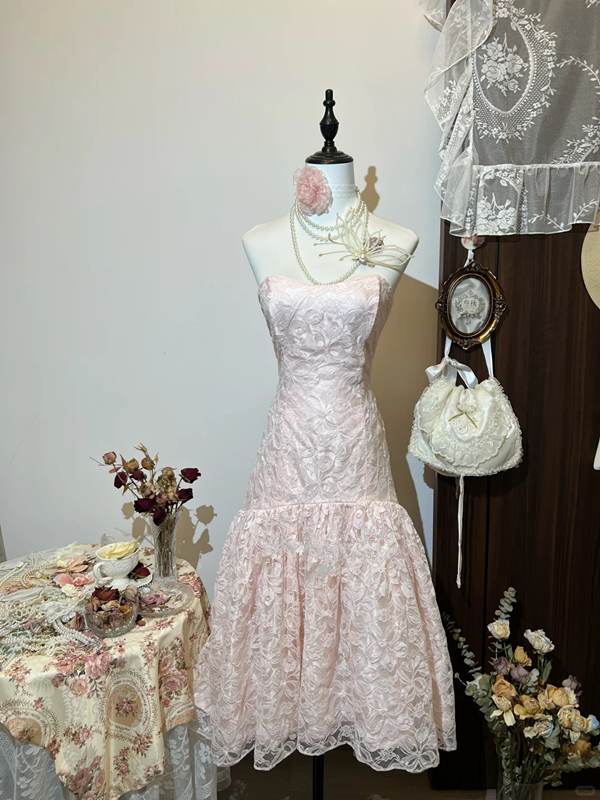 Pink tube top waist fishtail slim hip ruffled skirt short skirt homecoming dress R4290