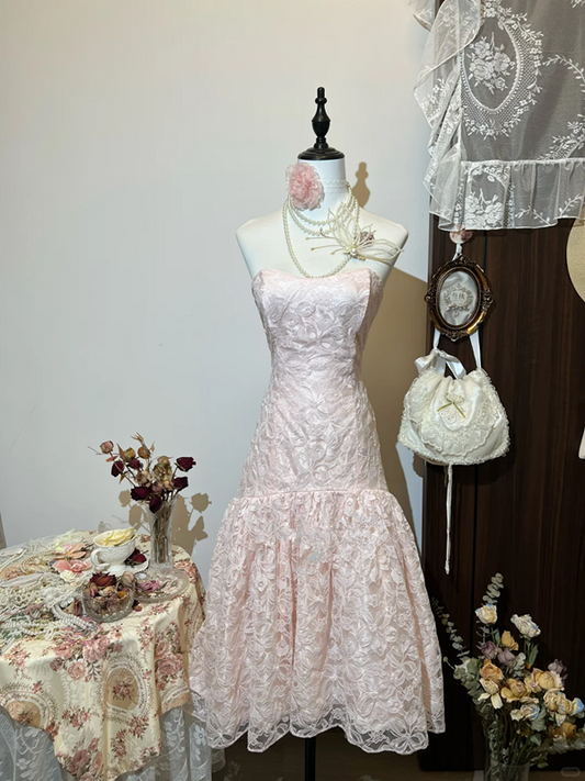 Pink tube top waist fishtail slim hip ruffled skirt short skirt homecoming dress R4290