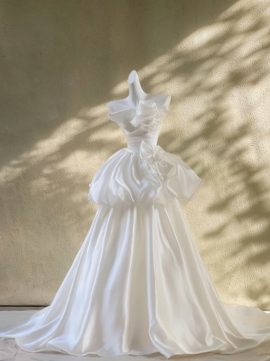 White strapless satin waist puffy design skirt long dress bridal gown R5759