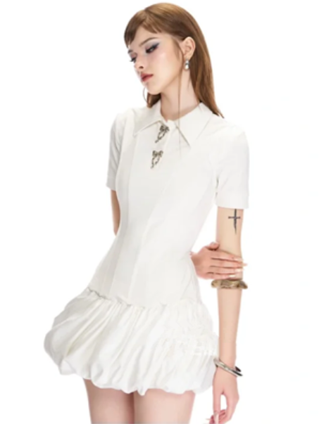 White polo neckline waist slim bud cute vitality short skirt homecoming dress R4733