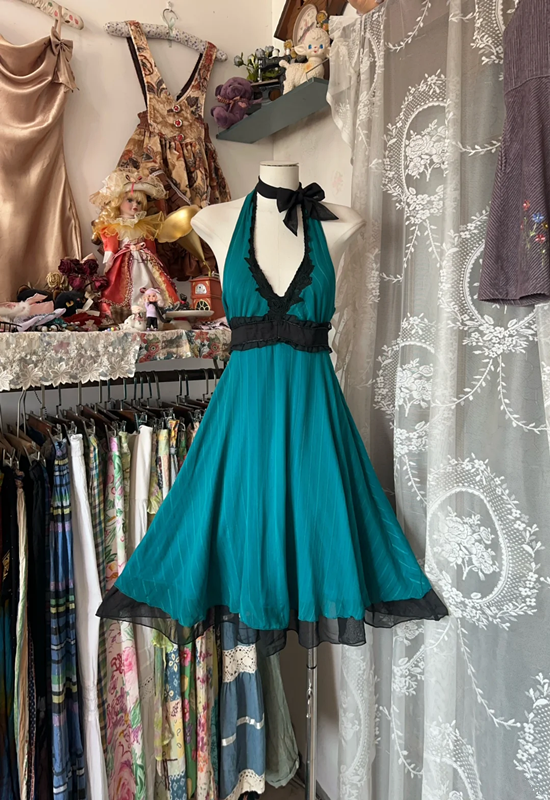 Peacock green halter neck fitted A-line ball gown R6392