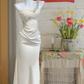 Ivory white one-shoulder beaded pleated fitted long ball gown R6233