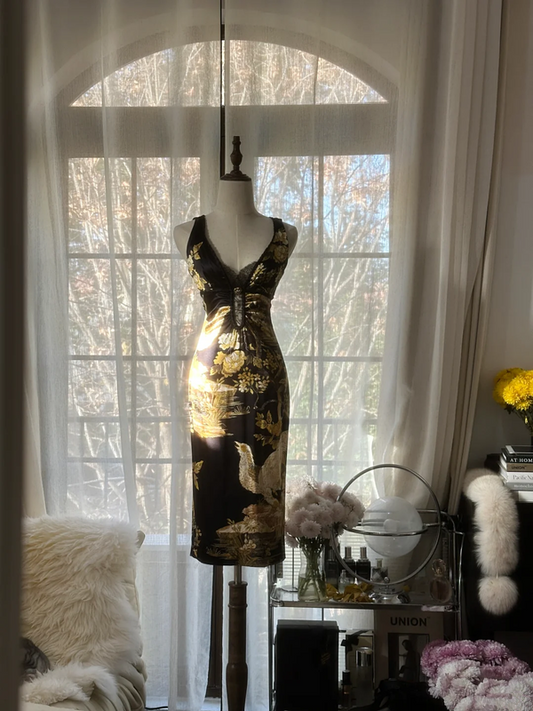 Black halter top with gold floral print, fitted waist, classic and elegant long ball gown R7707
