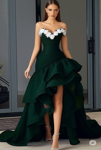 Dark green tube top dress with white three-dimensional flowers, slim waist and skirt, prom dress R5314