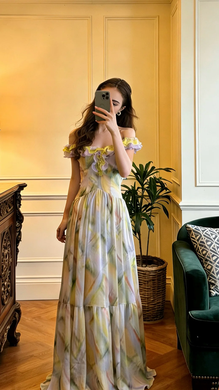 Light yellow off-the-shoulder fitted long ball gown R8699