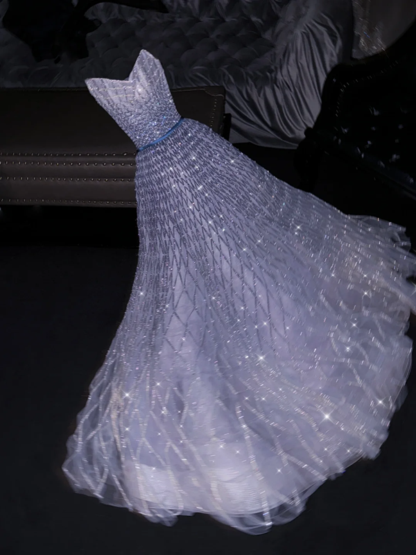 Light gray-blue halter-neck fitted long ball gown, bridal dress R8788