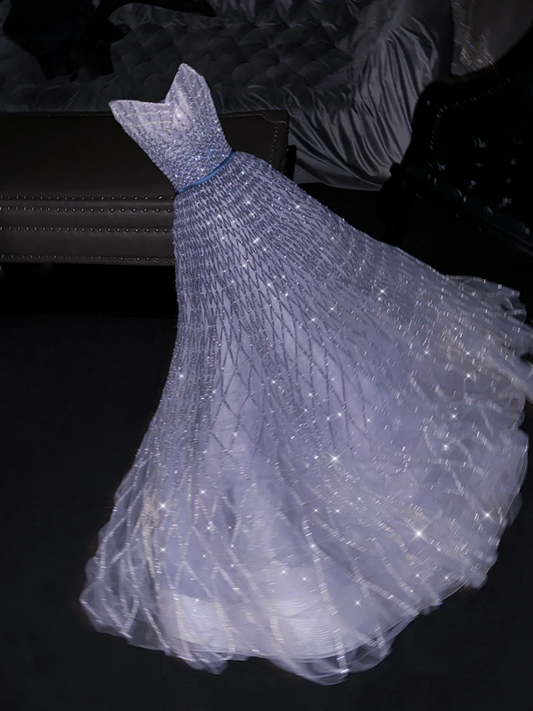 Light gray-blue halter-neck fitted long ball gown, bridal dress R8788