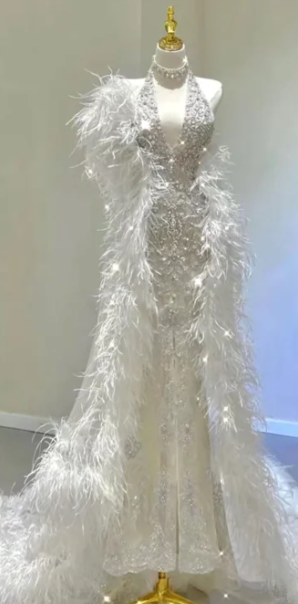 White halter neck rhinestone-embellished waist bodycon long ball gown R6430