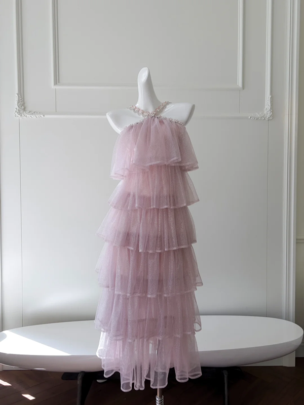 Light purple halter neck cake straight long skirt homecoming dress R5099