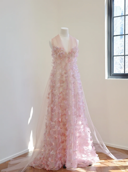 Light pink halter-neck floral long elegant ball gown, bridal dress R8507