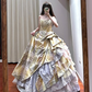 Light yellow strapless, fitted waist, full skirt, long ball gown R8635