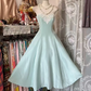 Light blue strapless, fitted waist, full skirt, mid-length ball gown R7858