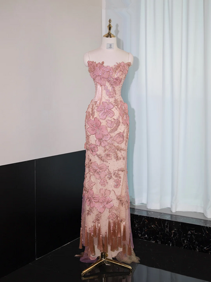 Pink strapless fitted long ball gown, bridal dress R8968