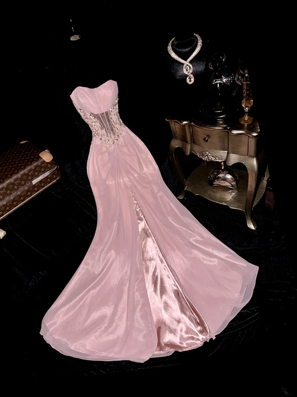 Pink strapless fitted waist elegant fairy long ball gown R6951
