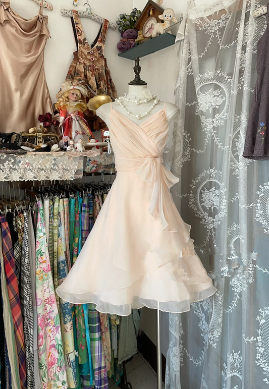 Apricot pink halter-neck mini dress with a fitted waist, a ball gown R6272