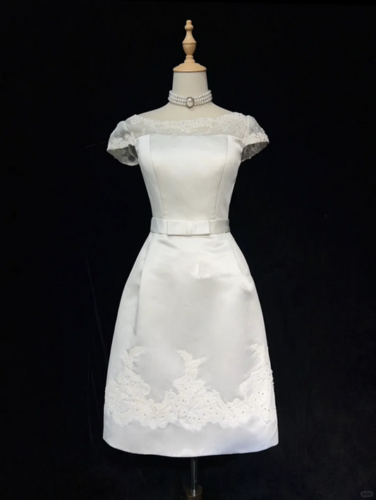 White satin waist slim A-line short skirt homecoming dress R4980