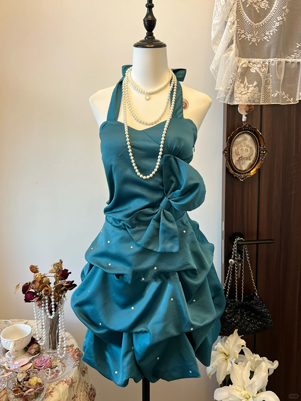 Green halter neck slim waist flower bud skirt short skirt homecoming dress R4248