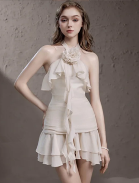 Brown halter neck rose neck chiffon waist slim fit retro short skirt homecoming dress R4692