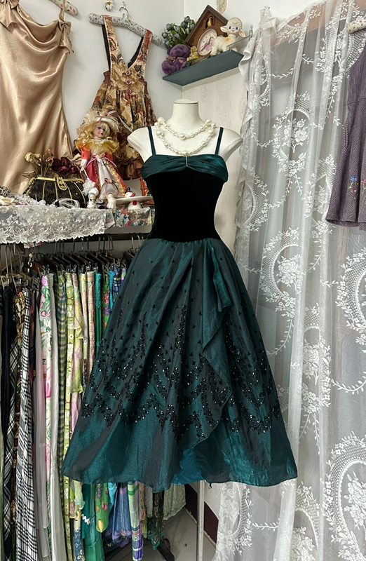 Dark green halter-neck, fitted A-line maxi dress, prom dress R6312