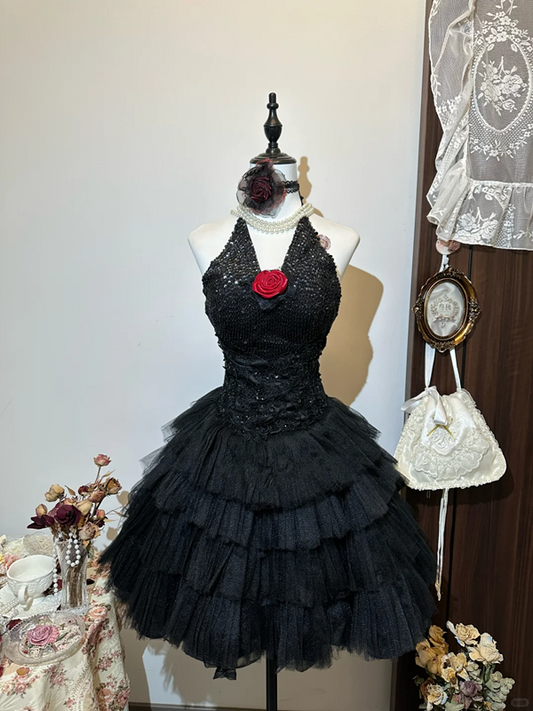 Black halter neck waist design slim fit cake puffy skirt homecoming dress R4330