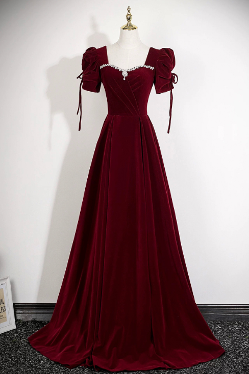 French Chic Burgundy Beaded A-Line Square Corset Maxi Prom Dress Evening Dress RS408