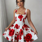 White background printed halter waist slim A-line short skirt homecoming dress R3210