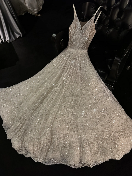 Light apricot sequined halter-neck fitted long ball gown/bridal dress R8818
