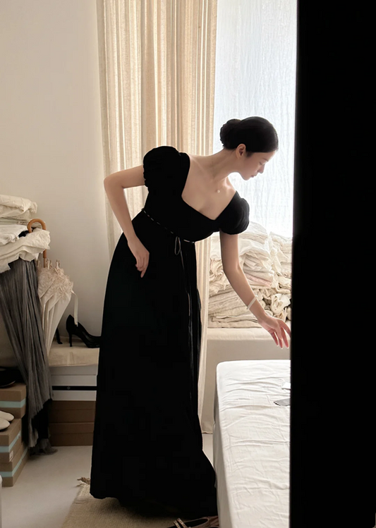 Black square-neck puff-sleeve high-waist elegant prom dress R7977