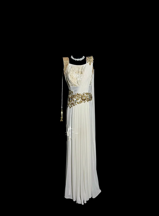 White sleeveless fitted waist embroidered long ball gown R6672