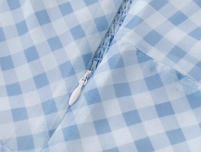 2025 Summer New Blue Plaid Lace Square Neck Short Sleeveless Dress R0969