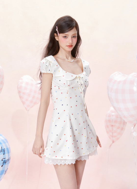 Petal Neck Waist Short Sleeve Cotton Printed Polka Dot Dress R5255